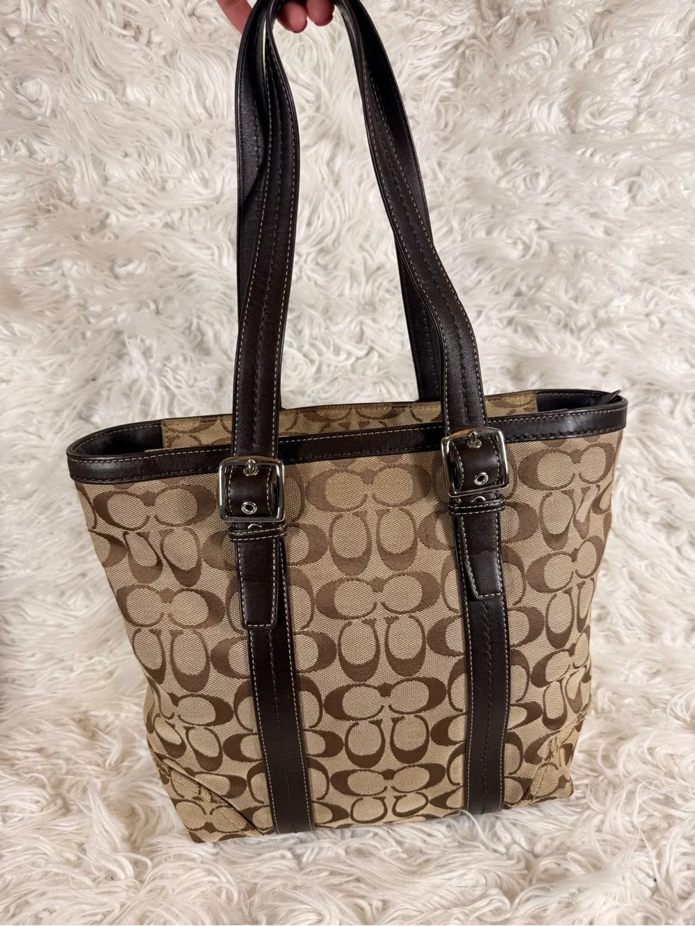 Coach Brown Signature Canvas Tote with Dark Brown Leather Trim